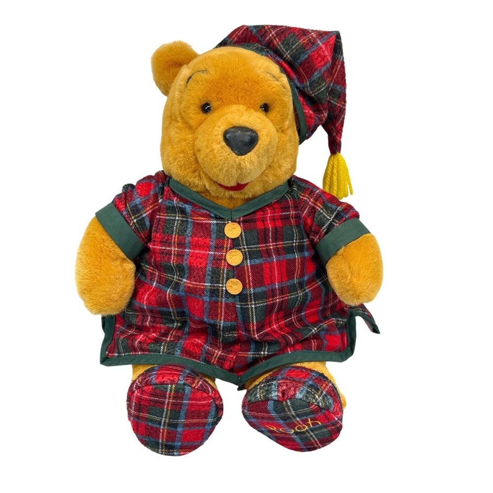 Disney Winnie the Pooh 15" Plush Red Plaid‎ Pajamas Nightcap Slippers Holiday
